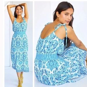 Anthropologie plenty by Tracy blue smocked damask dress /med/
